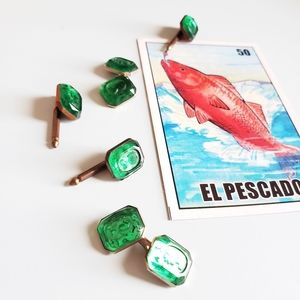 Green Glass Profile Face Cufflinks, Vintage